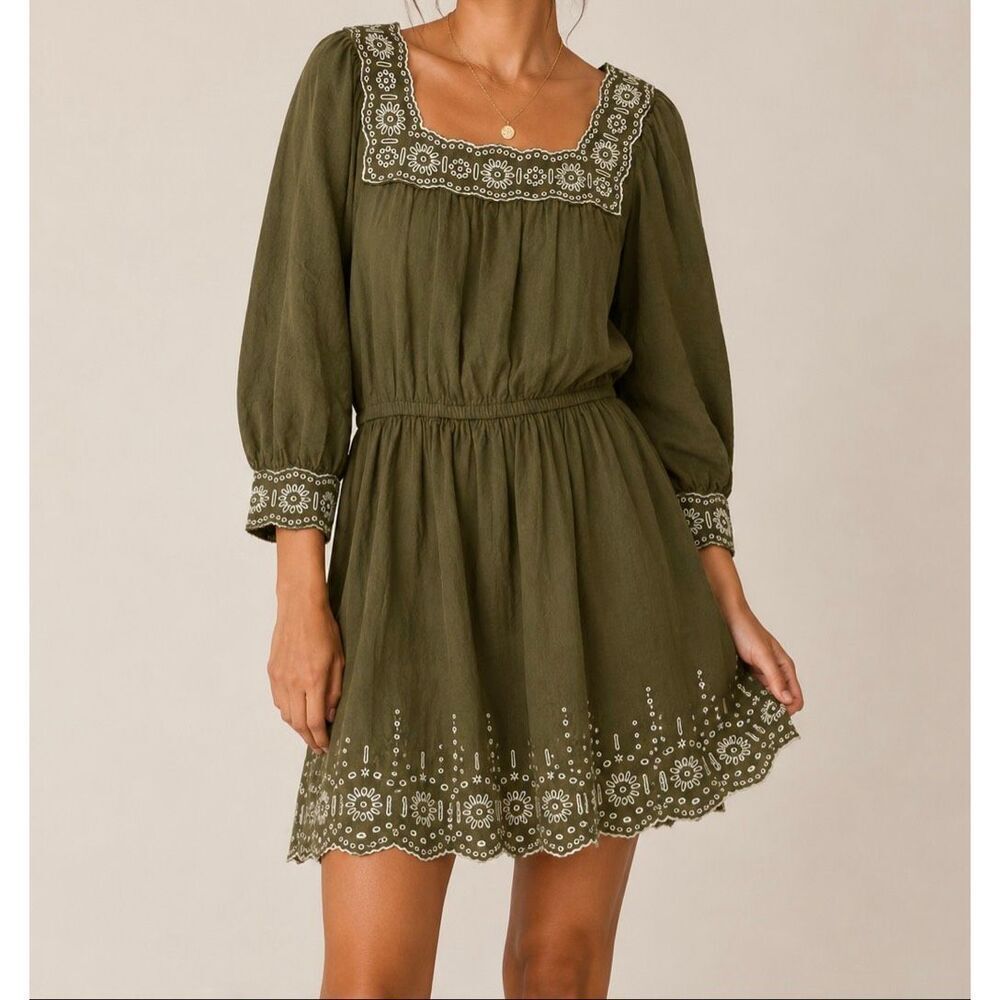 Madewell XS Olive Embroidered Mini Dress Cottagecore Boho Prairie